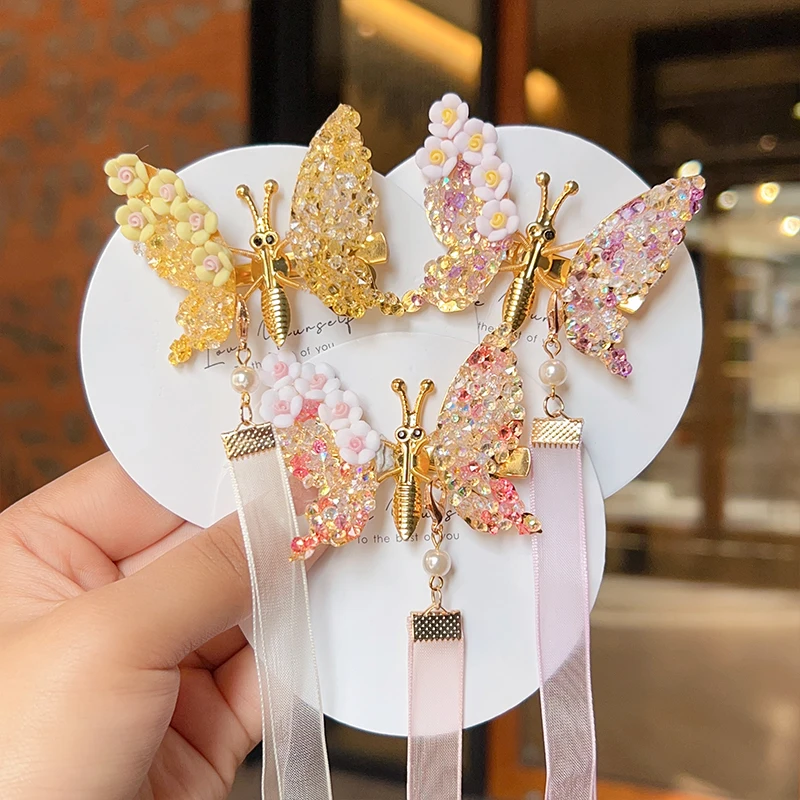 2023 New Children Summer Butterfly Rhinestone Hairpin Clip Sweet Pearl Ancient Style Barrettes Hairpins Kids Hair Accessories