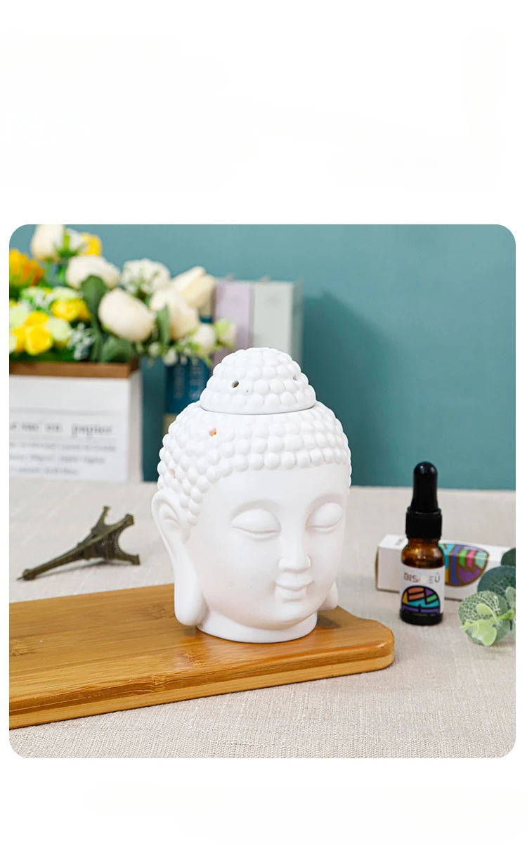 Portacandele Diffusore Per Oli Essenziali A Forma Di Testa Di Buddha | Bruciatore Incenso In Ceramica Bianca 14 Cm - 5
