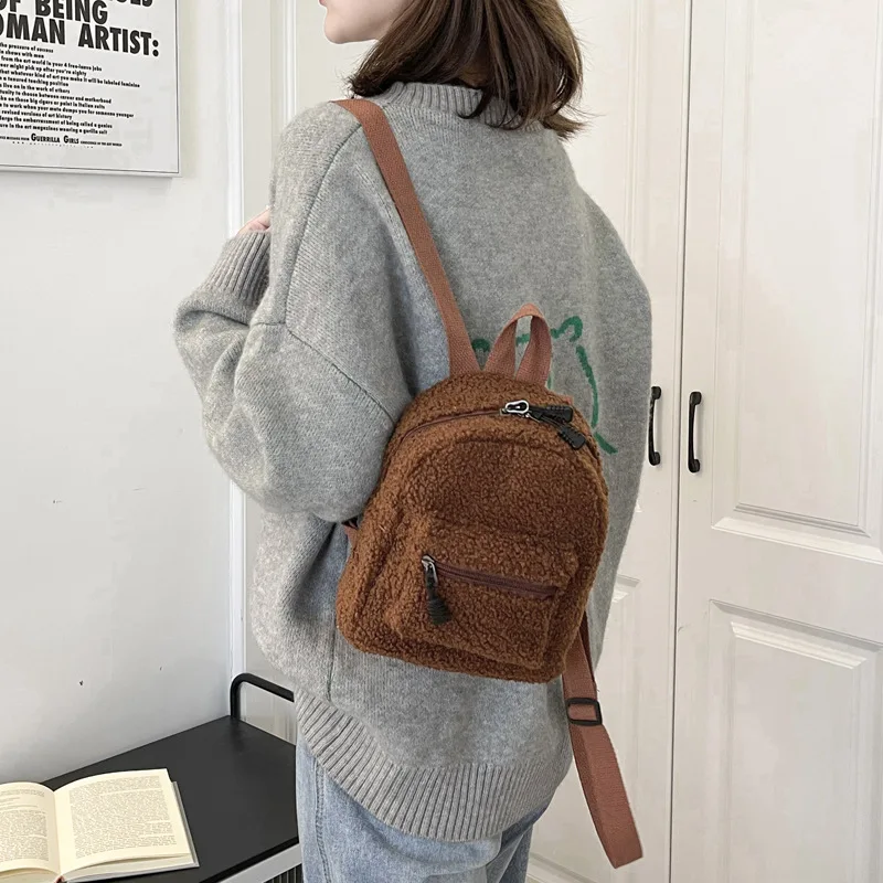 

Cute Mini Plush Backpack for Kids Adult Parent-Child Shoulder Bag Autumn Lamb Fleece High-capacity Korean Student Samll Backpack