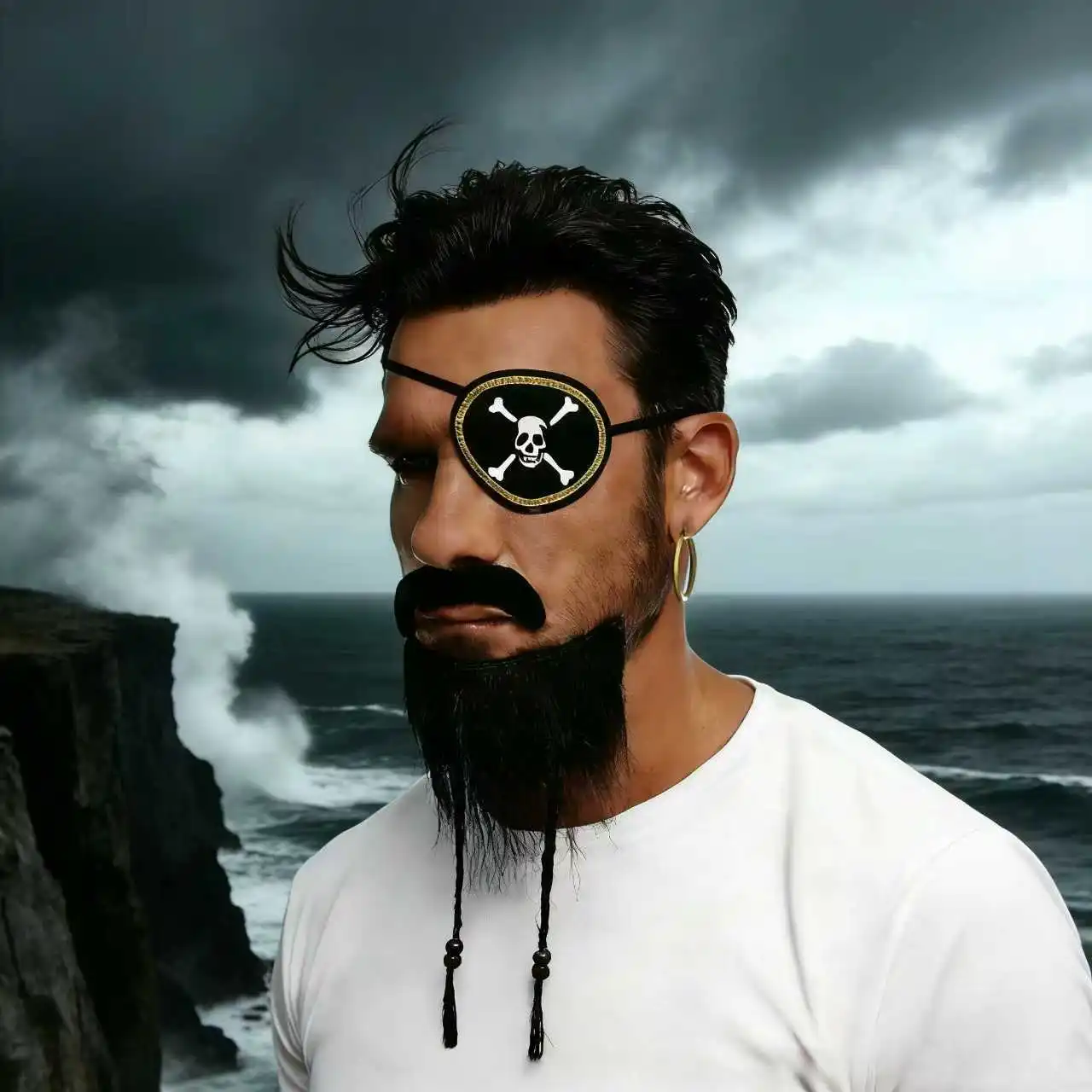 Pirate Costume Accessory Set Skull Eye Patch Fake Beard Mustache Gold Earring for Halloween Cosplay Caribbean Pirate Party Fancy