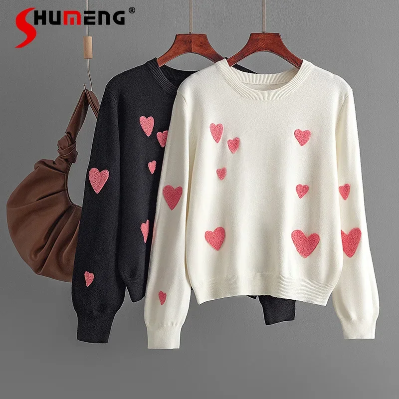 

2024 Autumn Winter New Chic Love Embroidery Round Neck Long-sleeve Knitted Sweater Pullover Bottoming Shirt Top Women Knitwears