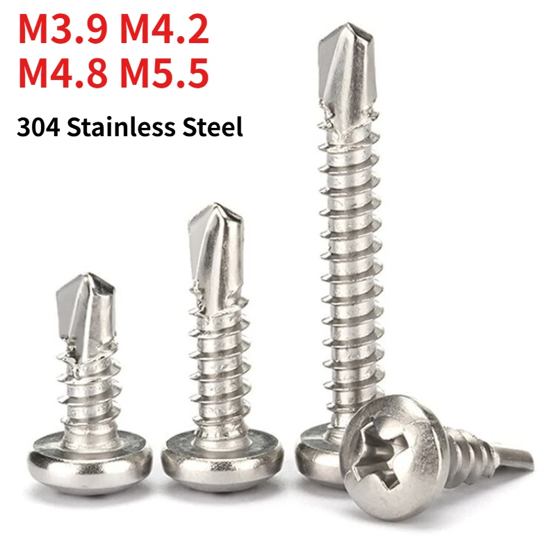 M3.9 M4.2 M4.8 M5.5 304 Stainless Steel Pan Head Self Drilling Screws DIN7504N Cross Recessed Self Tapping Drill Screw