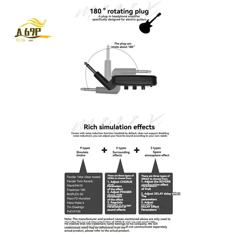 A69P-M-VAVE MINI-X Guitar Headphone Amplifier Portable Mini Headphone Amp Built-In Delay Reverb Effect For Electric Guitar Bass