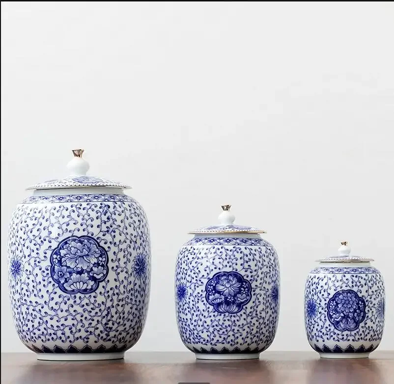 

Blue and White Ceramic Jar Tea Caddy Sealed Storage Box Organizer Tins Decorative Jars Desktop Organize