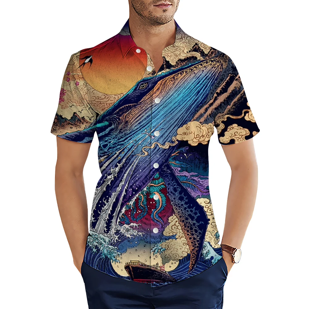 HX Ukiyo-e Shirts Japanese Famous Painting Whale Spray 3D Printed Casual Shirt Summer Short Sleeve Tops Harajuku Camisas