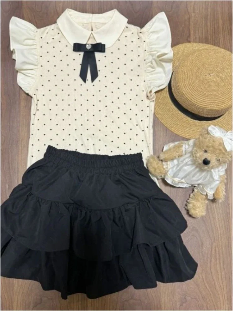

Japanese Sweet Style Bow Collar Polka Dot Puff Sleeve Tops + Y2K High Waist Ruffle Cake Skirt Summer Kawaii 2-pieces Outfit