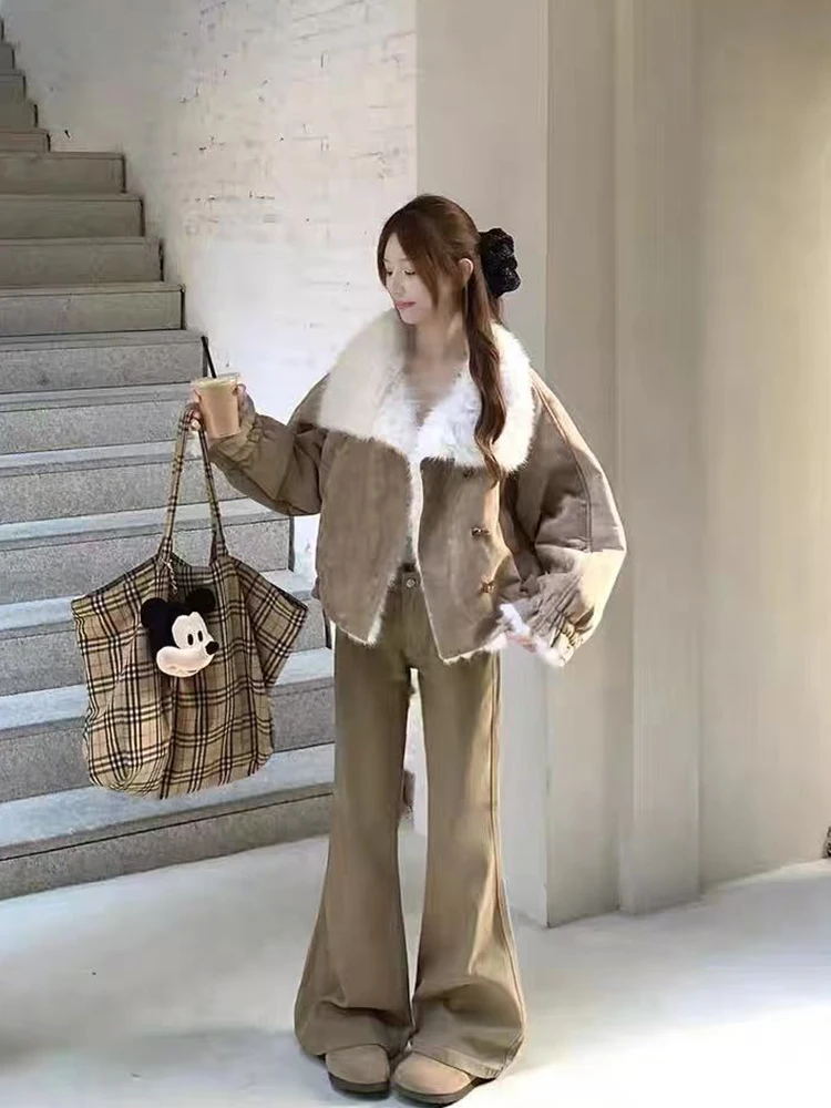 Koreański płaszcz damski ort, ciepły, z kołnierzem ze sztucznego futra, zimowa odzież wierzchnia, dopasowany krój, długi, jednolity kolor, zapinany na guziki, kurtka.