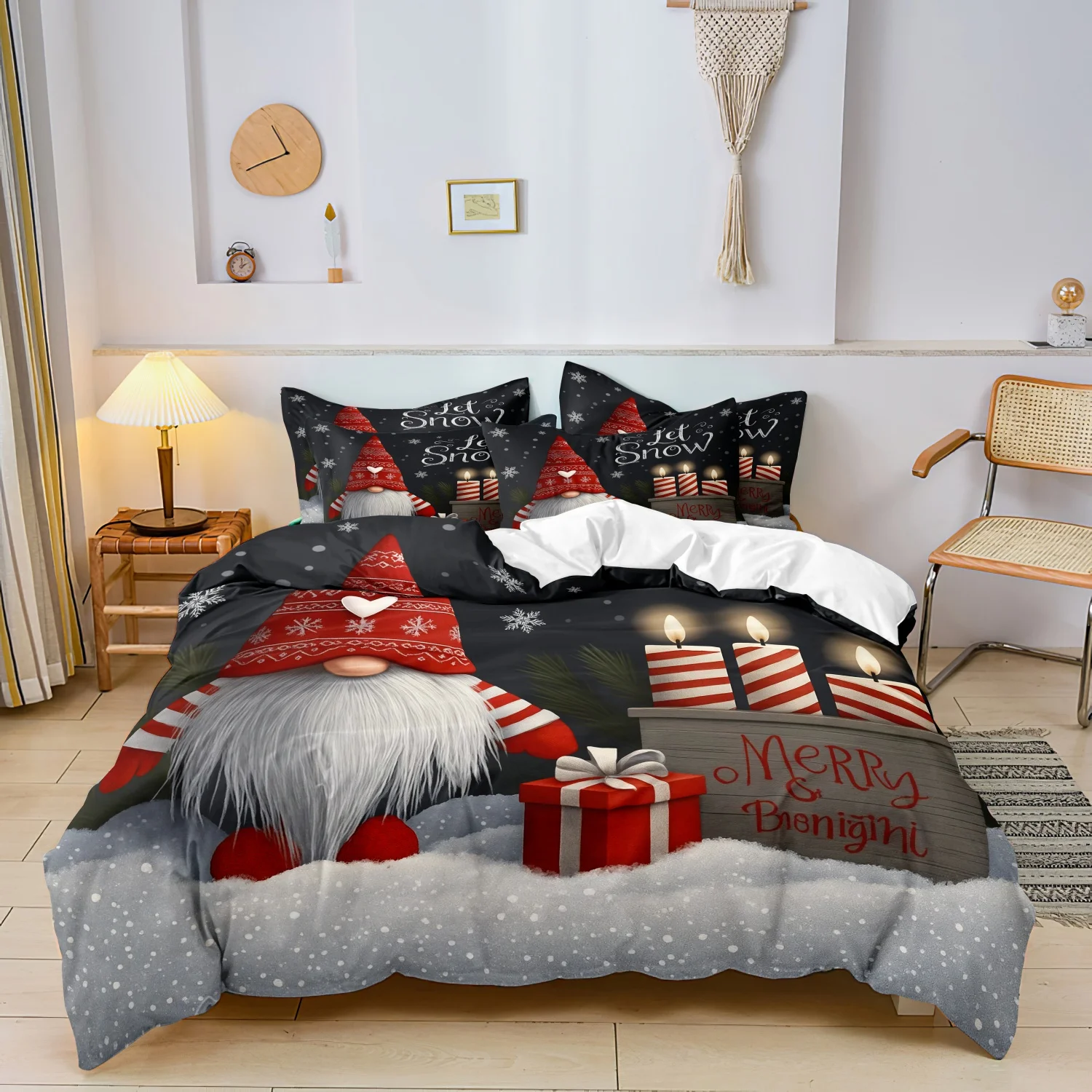  3Pcs Christmas Gnome Let It Snow Print Duvet Cover Set, Winter Snowy Scene Gnome Gift Box Candle Holiday Bedding