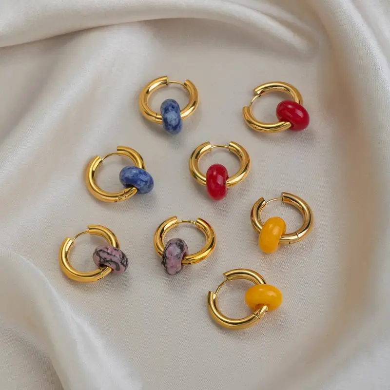 1 Pair Gold Plated Hoop Earrings with Colorful Natural Stone Pendants Casual for Weekend Outing Wear Jewelry