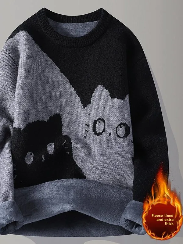 

Утепленный вязаный свитер с узором для мужчин, круглый вырез, теплый базовый слой, повседневная одежда для студентов, комфортный, мягкий, из полиэстера