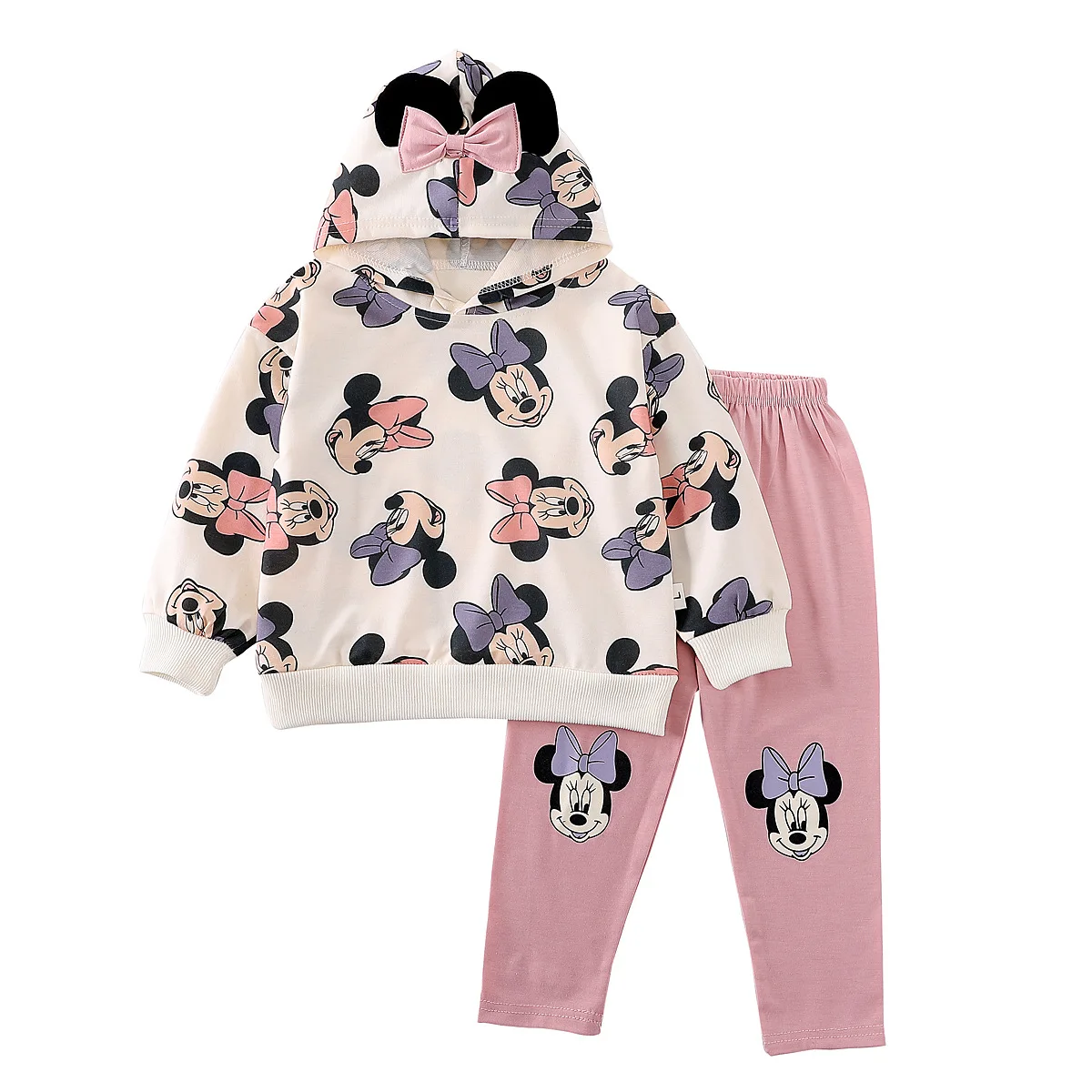 2024 New Kids Clothes Spring Autumn Baby Girls Minnie Mouse Hooded Long Sleeves Sweater+Pants 2Pcs Suit Children Casual Clothing