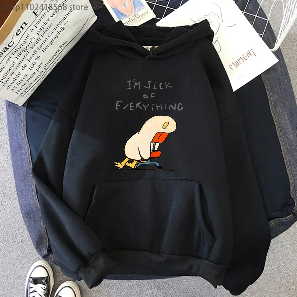Duck I'm Sick of Everything Hoodies Cartoon Anime Graphic Sweatshirt with Hooded Long Sleeve Casual Y2k Sudadera Women/Men Tops