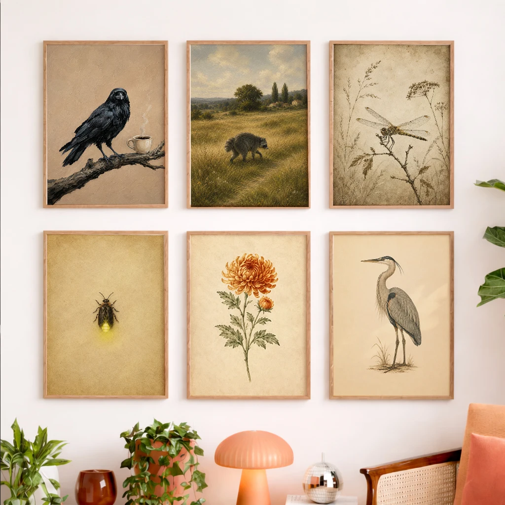 Set of 6 Vintage Nature Canvas Poster Crow Raccoon Dragonfly Firefly Chrysanthemum Heron Wall Decor Home Living Room Wall Art