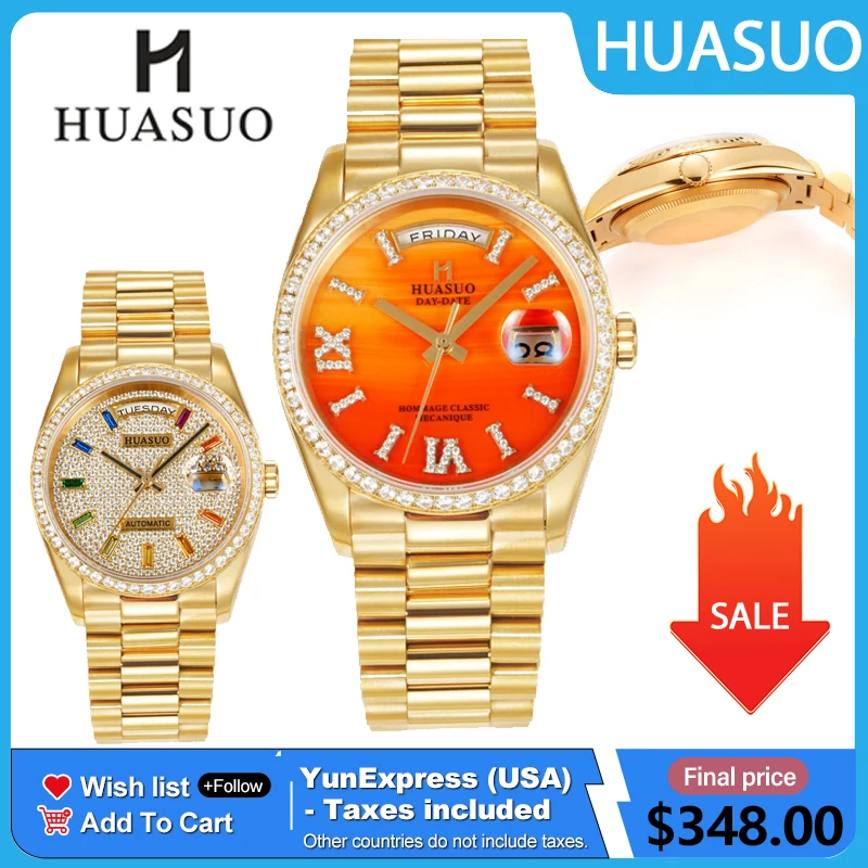 

Мужские часы HUASUO 36 мм с циферблатом из драгоценных камней, автоматические механические, из нержавеющей стали, с сапфировым стеклом, роскошные, классические, водонепроницаемые, для бизнеса