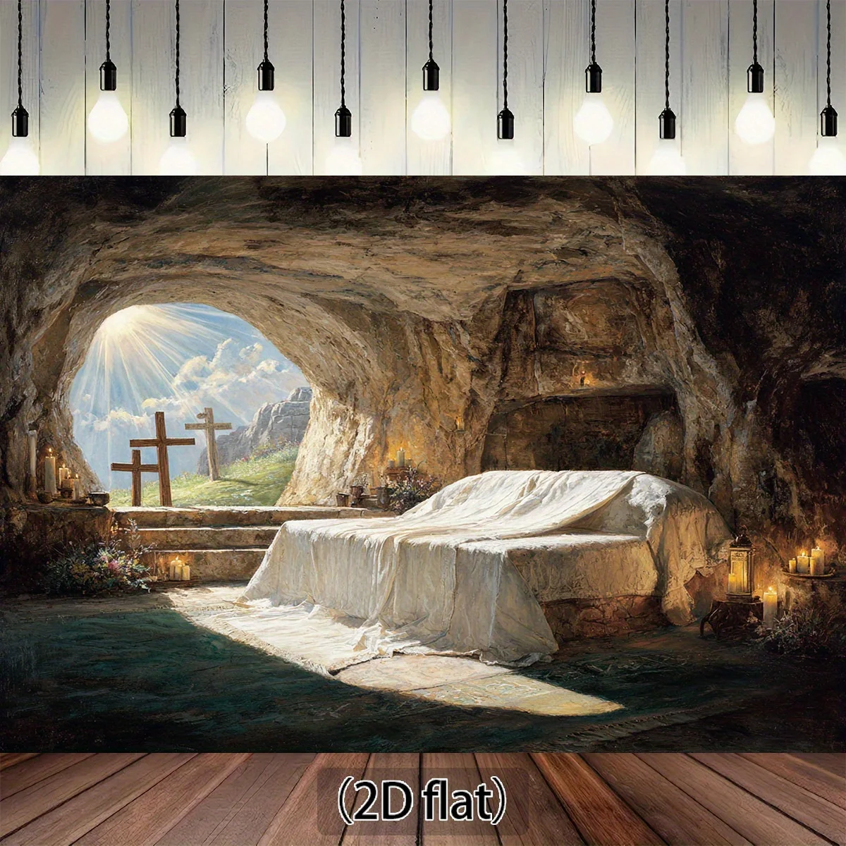 1 tissu de fond plat de résurrection chrétienne 2D avec conception grotte, croix et lumière du soleil
