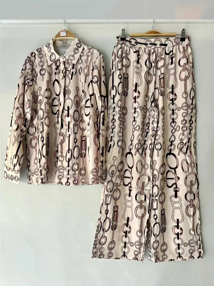 

Retro geometric print lapel straight shirt two-piece 2025 Spring women's wear + elastic waist loose wide-leg pants fashion set