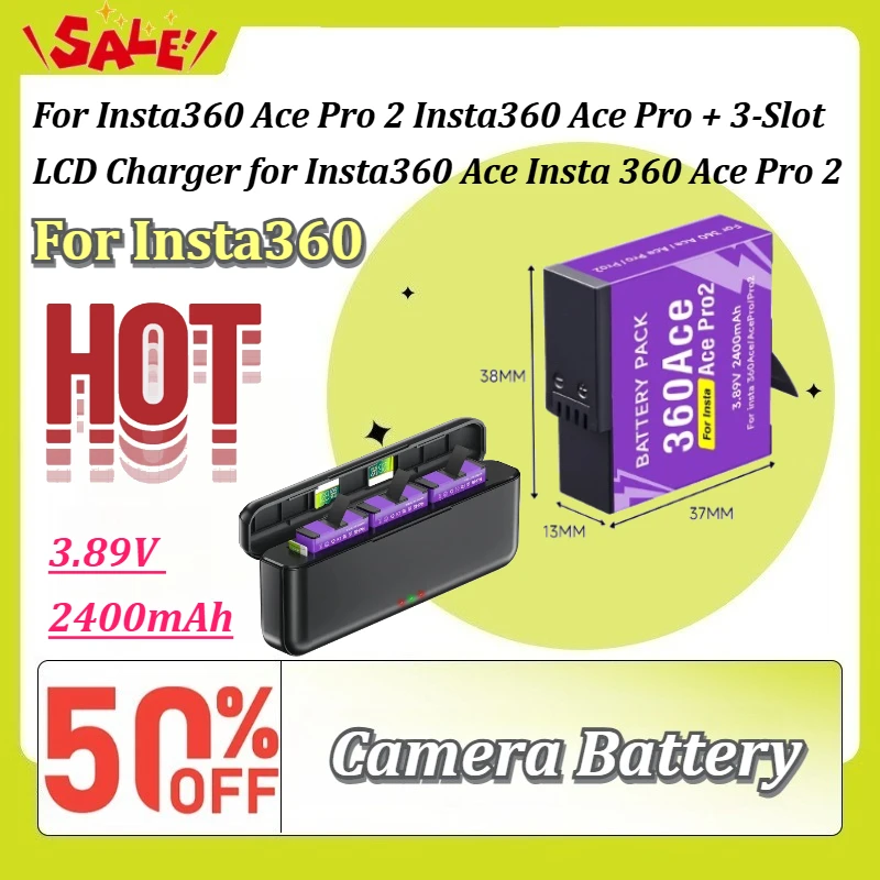 New 2400mAh 3.89V Replacement Camera Battery + 3-Slot LCD Charger for Insta360 Ace Pro 2 Ace Pro Ace Camera Rechargeable Battery