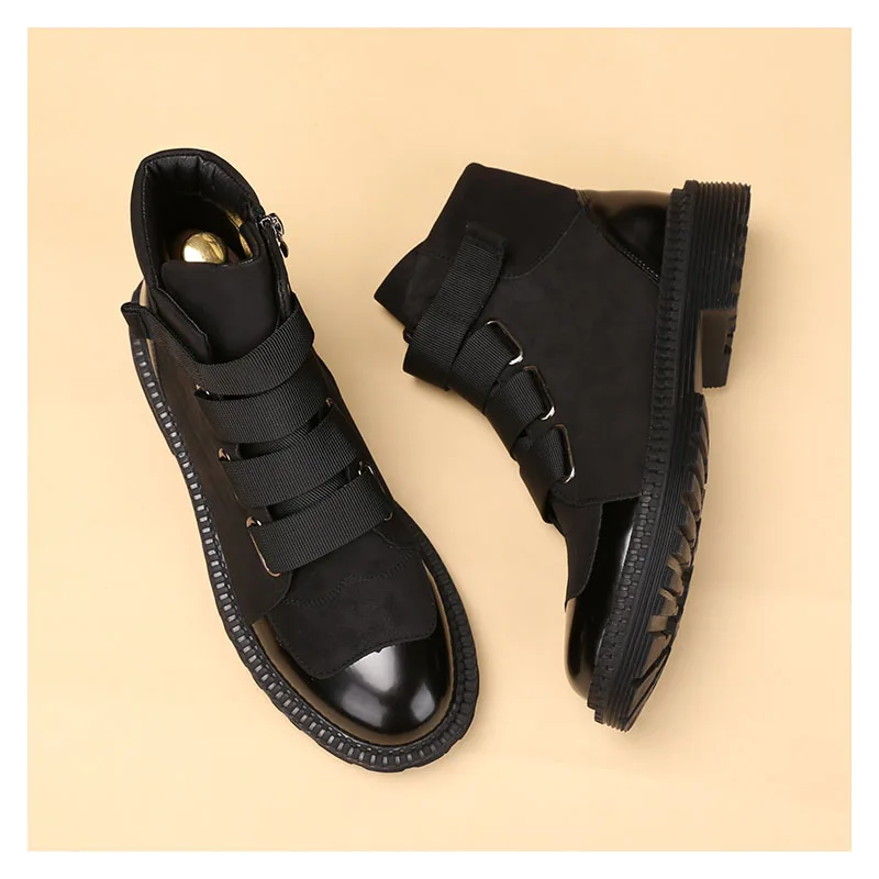 حذاء رجالي أنيق للملهى الليلي ذو نعل سميك حذاء أبيض وأسود حذاء كاوبوي أصلي من الجلد للربيع والخريف حذاء بوت للكاحل للرجال #4