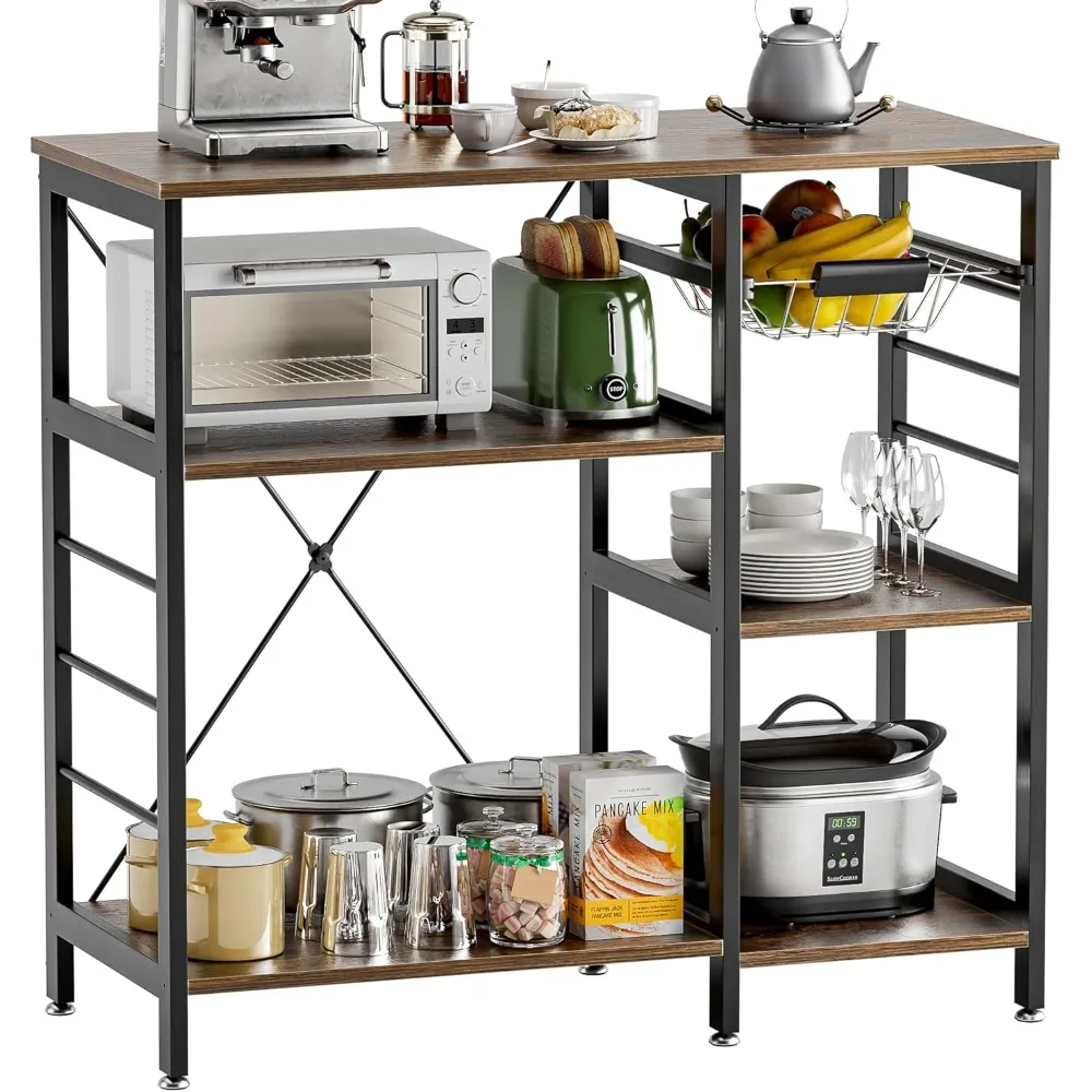 

Baker’s Rack, Microwave Oven Stand with Bamboo Frame, 35.43 Coffee Bar with Wire Basket & 6 Hooks, 3-Tier Kitchen Storage Shelf