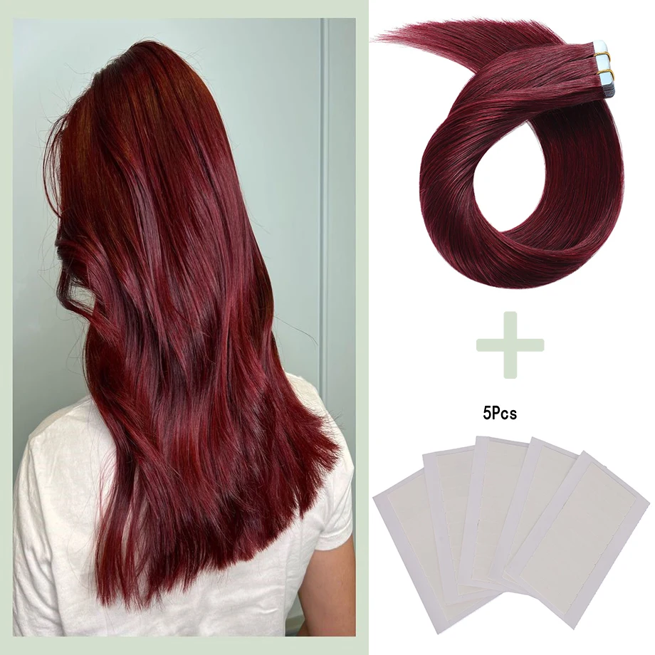 

100% Human Hair Tape In Human Hair Extensions Straight Natural Remy Seamless Invisible Double Side Skin Weft Adhesive Burgundy