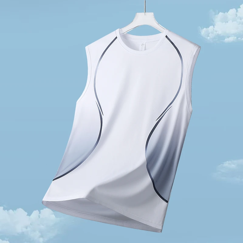 Summer Trend Gradient Ice Silk Sports Vest Casual Breathable round Neck Sleeveless Thin Top Comfortable Fitness Tank Top