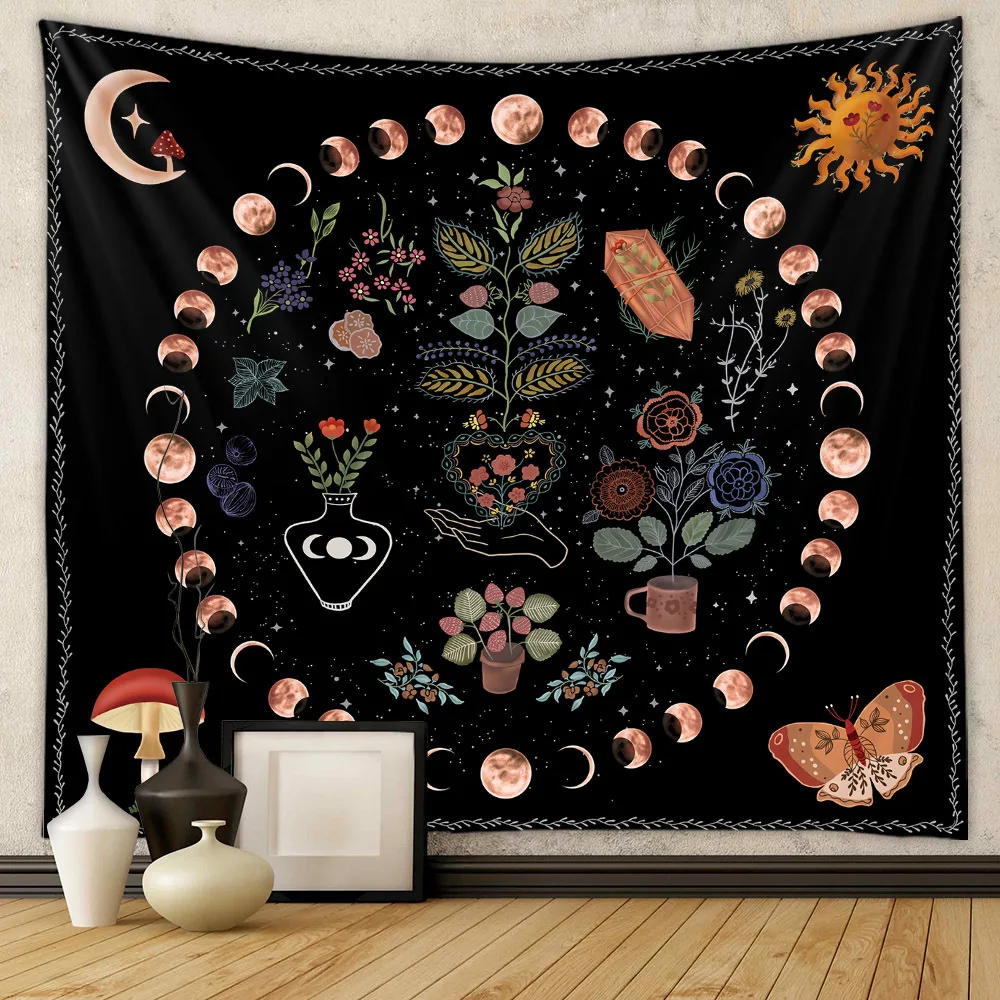 Tapisserie de jardin éclairée de lune, tenture murale florale céleste, Phase de lune, soleil étoilé noir, tapis Hippie botanique, décor