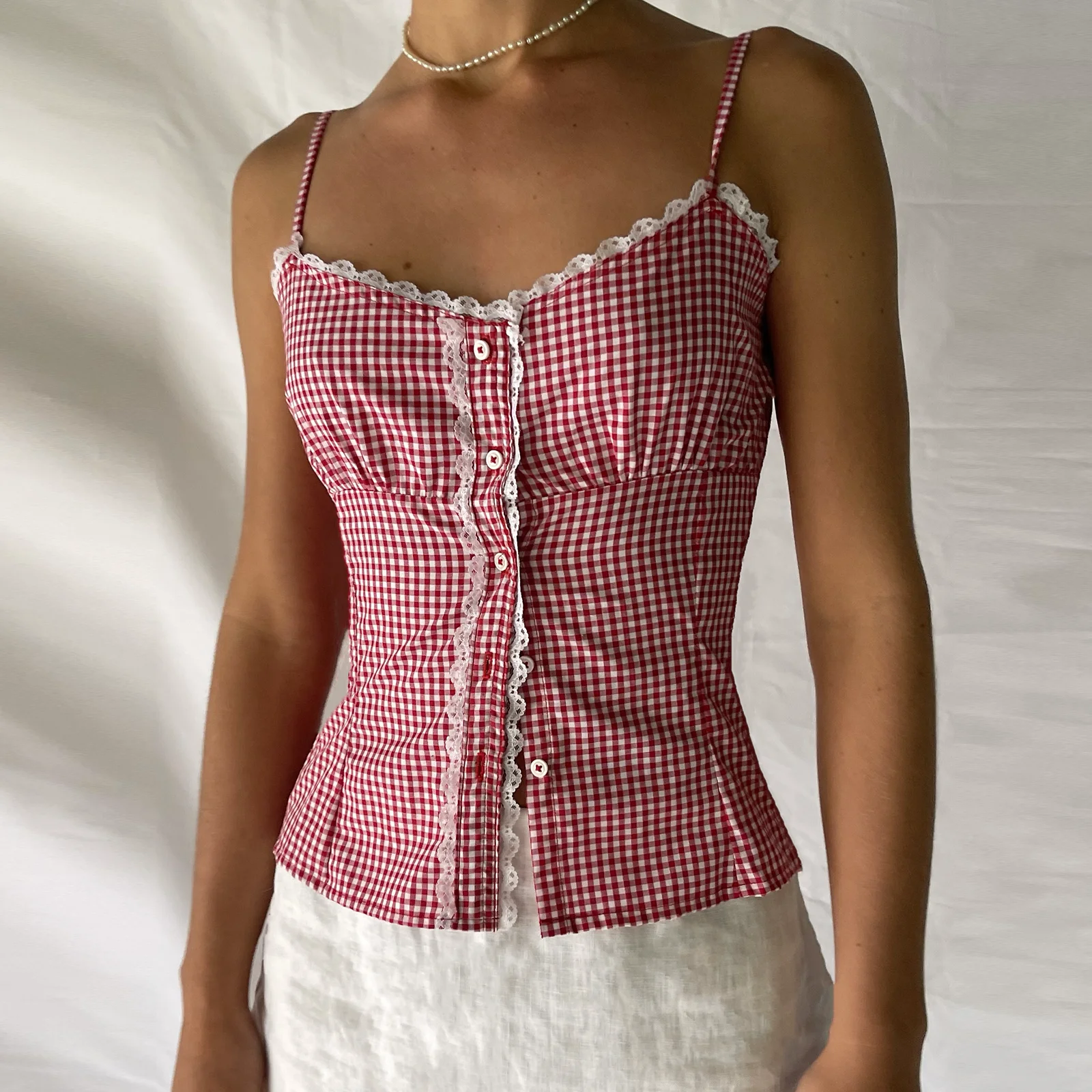 Gaono Women Y2K Gingham Tank Top Spaghetti Strap Checkered Lace Trim Camisole Plaid Backless Slim Fit Cami Tops