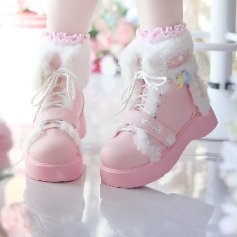 

Rebellious Bunny Original Lolita Snow Boots Sweet Girl Plush Thick-soled Short Boots Lined Winter Warm Cotton Shoes