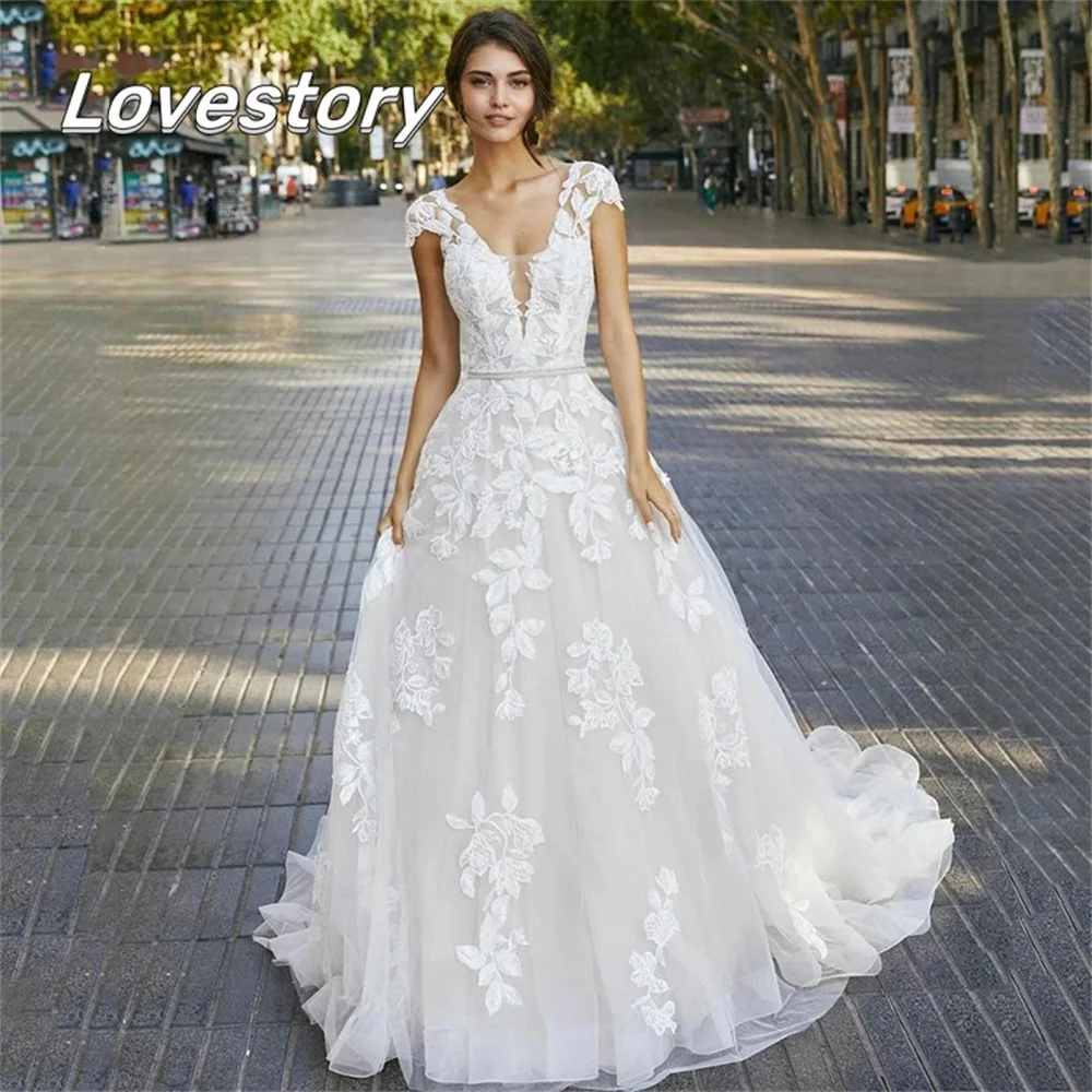 

Sexy Bohemian A-Line Wedding Dresses 2022 Cap Sleeve Bride Robe Deep V Neck Lace Applique Bridal Gown Backless Vestidos De Noiva