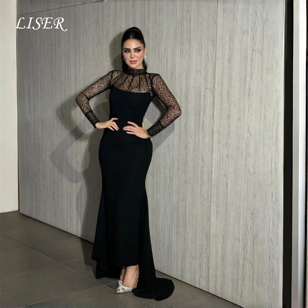 Liser Vintage Schwarzes Spitzenkleid mit Langen Ärmeln Meerjungfrau-Abendkleid Damen 2026 Hochgeschlossenes Formelles Partykleid Maßgeschneidert فساتين س