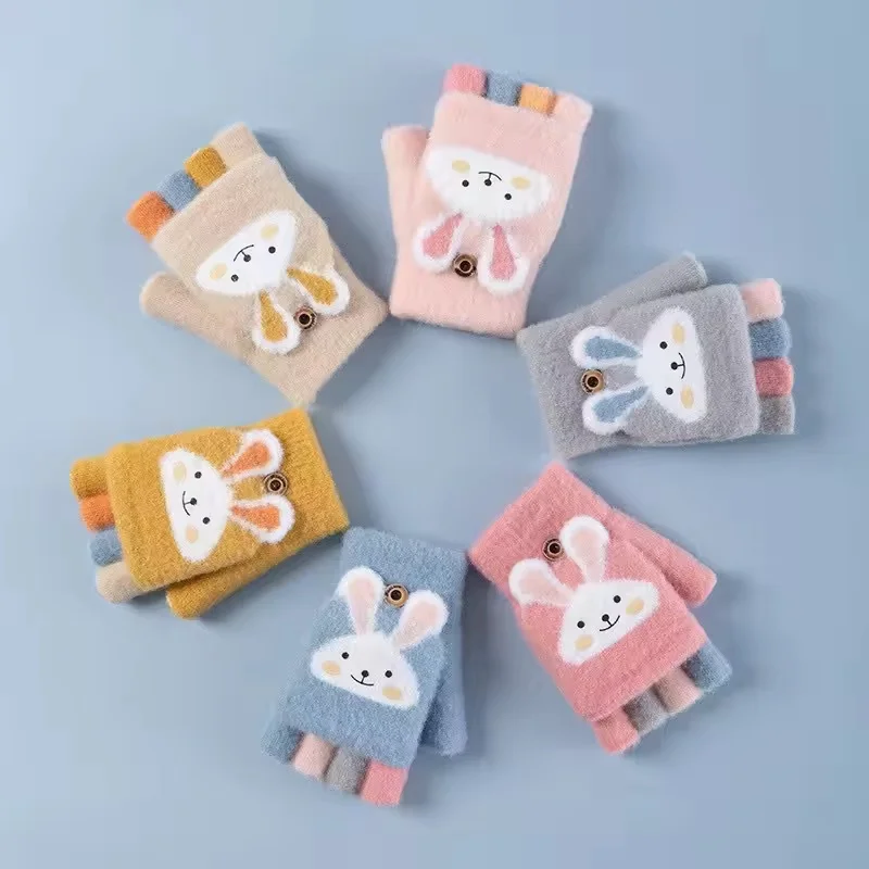 4-11 Jahre alte Cartoon Hase Fünf-Finger-Kinderhandschuhe Winter dicke Halbfinger-Flip-Strickhandschuhe Winter neue warme Handschuhe
