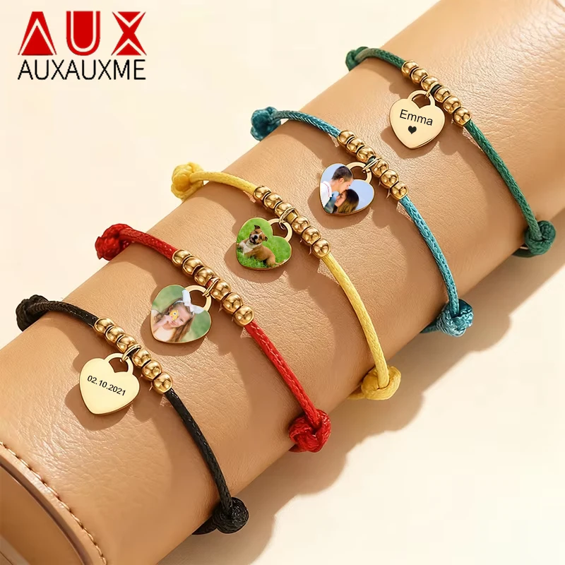 

Auxauxme на заказ, разноцветные браслеты с сердечками из нержавеющей стали, гравировка, цветные имена изображений, дата, браслет ручной работы, ювелирные изделия