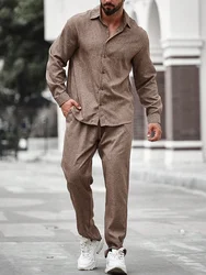 Daily Casual Long Sleeve Outfits Men Vintage Tunr-down Collar Shirt And Pants Two Piece Sets Mens Fall Stylish Solid Color Suits