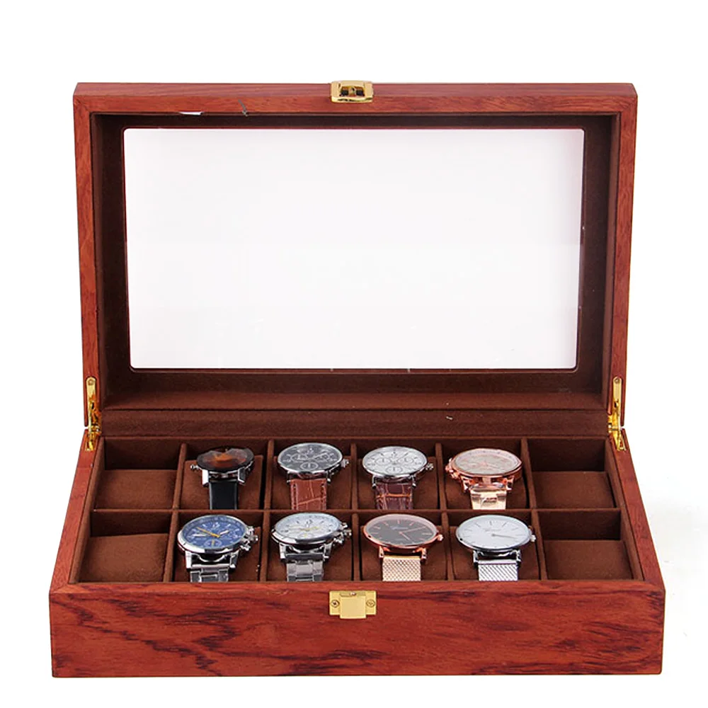 Watch Box, 12 Slot Watch Display Wooden Case, Transparent, Glass Organizer Storage for Men and Women, Brown