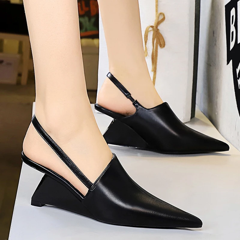 Bigtree Shoes New Designer Wedge Heels Shoes Hollow Back Strap Sandals Women Summer Shoes 2024 Fashion Pointed Tip Women Pumps