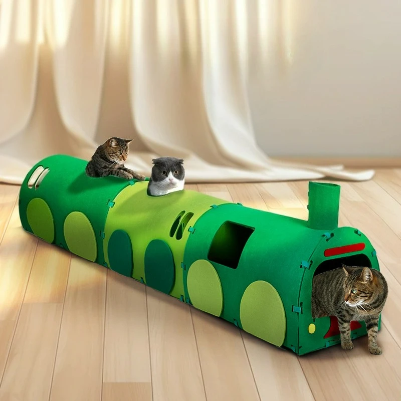 

Кошачий тоннель-когтеточка, игрушка для самостоятельной игры, зеленый, из нетканого материала, гофрированный, в форме поезда, кошачий домик-лежанка
