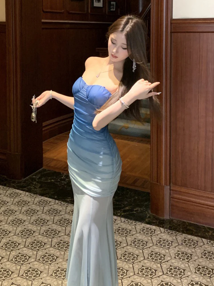 Sexy Gradient Blue Casual Vacation Style Dress for Women Socialite Sweet Strapless Sheer Mesh Fishtail Robe Party Club Vestidos