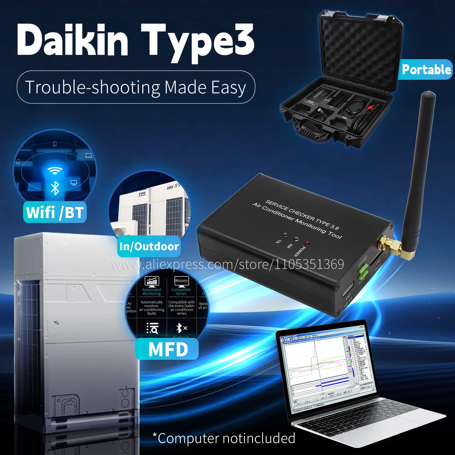 Herramienta de Monitoreo de Aire Acondicionado Daikin Service d Checker Tipo 3, Conexión Wifi, Detección Inteligente de Fallos, Solución de Problemas