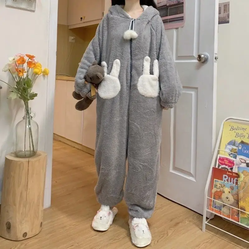 Thickened Coral Fleece Hooded Jumpsuit Pajamas Sleepwear Cute Cartoon Nightwear Pijamas Suit Winter Warm Flannel Home Wear