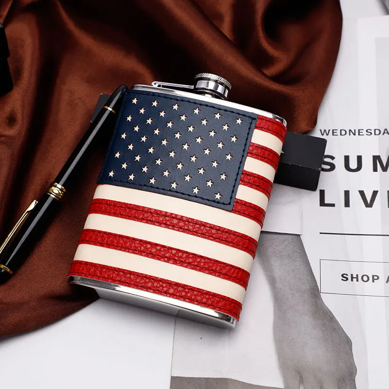 

USA Flag Hip Flask Stainless Steel Leather Vodka Whiskey Flagon Outdoor Sports Portable Wine Pot Alcohol Bottle Travel Camping