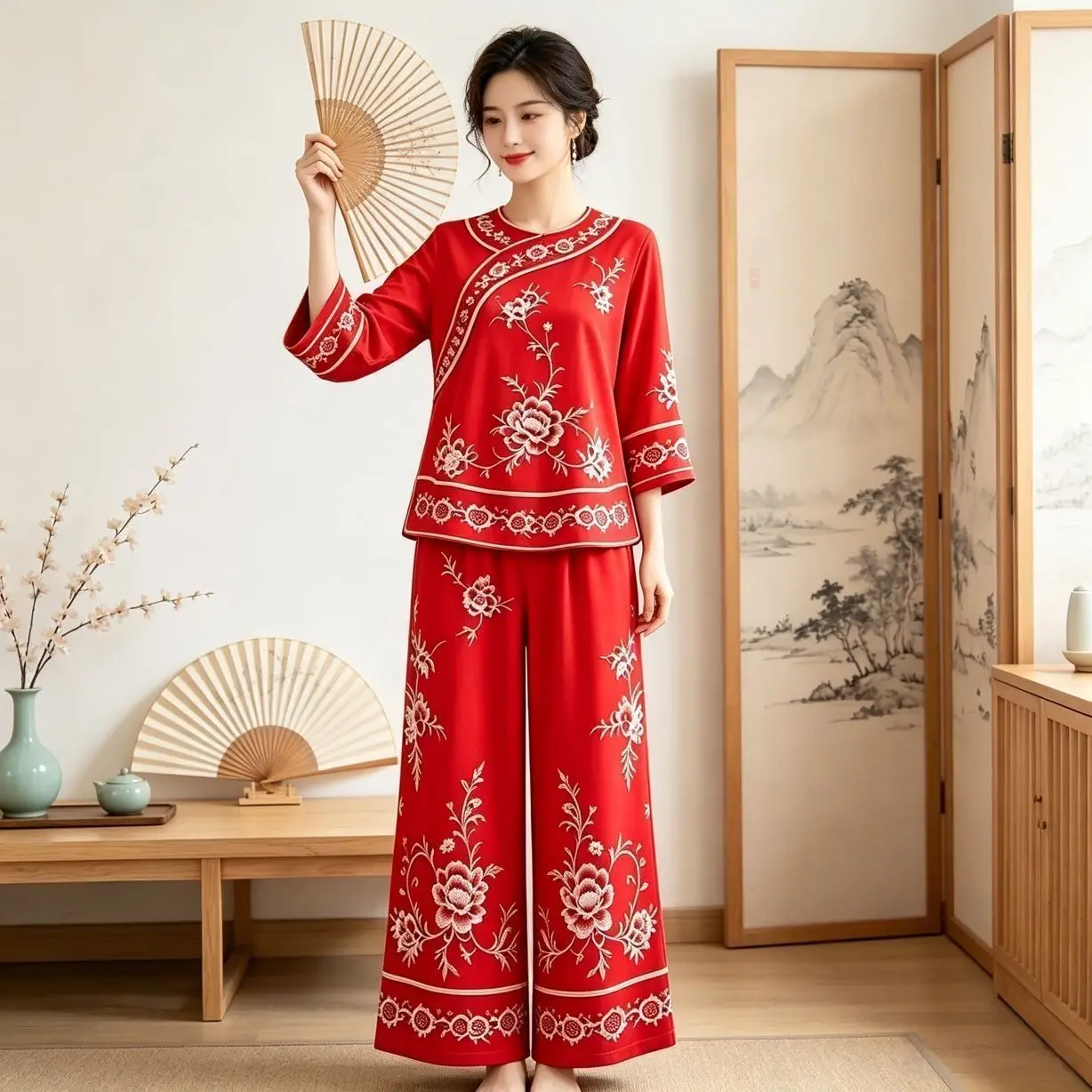 Women's Chinese Style Embroidered 2 Piece Set 3/4 Sleeve Tops & Ankle Length Pants Loungewear Pajamas Floral Satin Spring Autumn