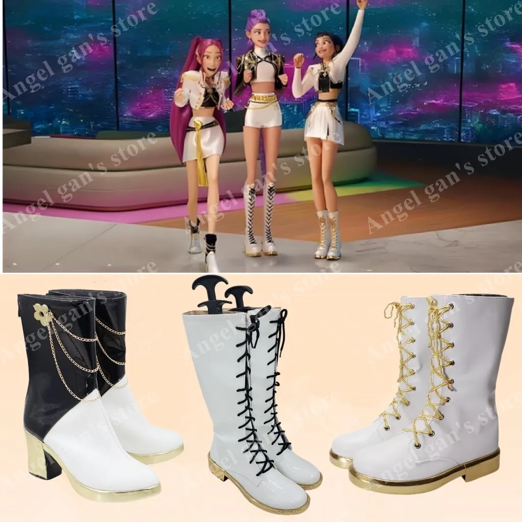 KPop 악마 사냥꾼 루미 미라 조이 코스프레 신발 블랙 골든 의상 부츠 애니메이션 부츠 성인 어린이 신발