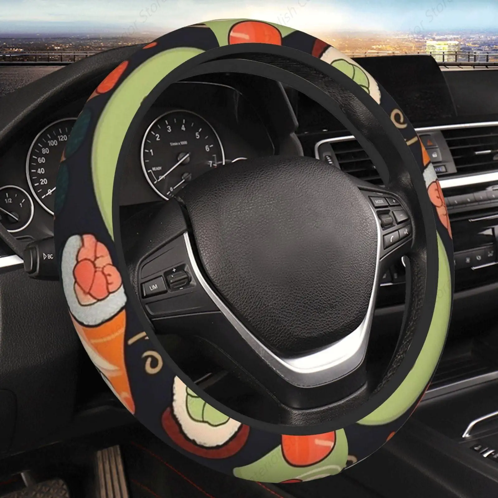 Japanese Sushi Shrimp Print Car Steering Wheel Cover 15 inch Elastic Protector Anti-Slip Car Universal Car Accessories