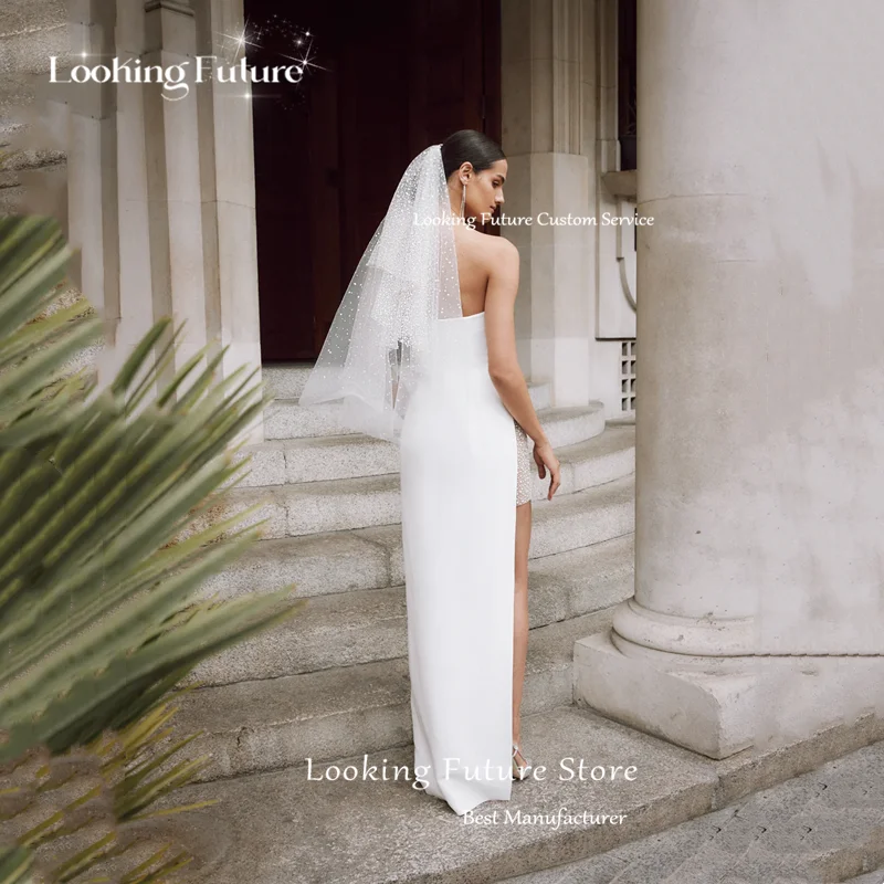 Customized Simple Mermaid Ivory Strapless Wedding Dresses Sexy Backless Sleeveless Pleat Polka Dot High Side Slit Bridal Gown