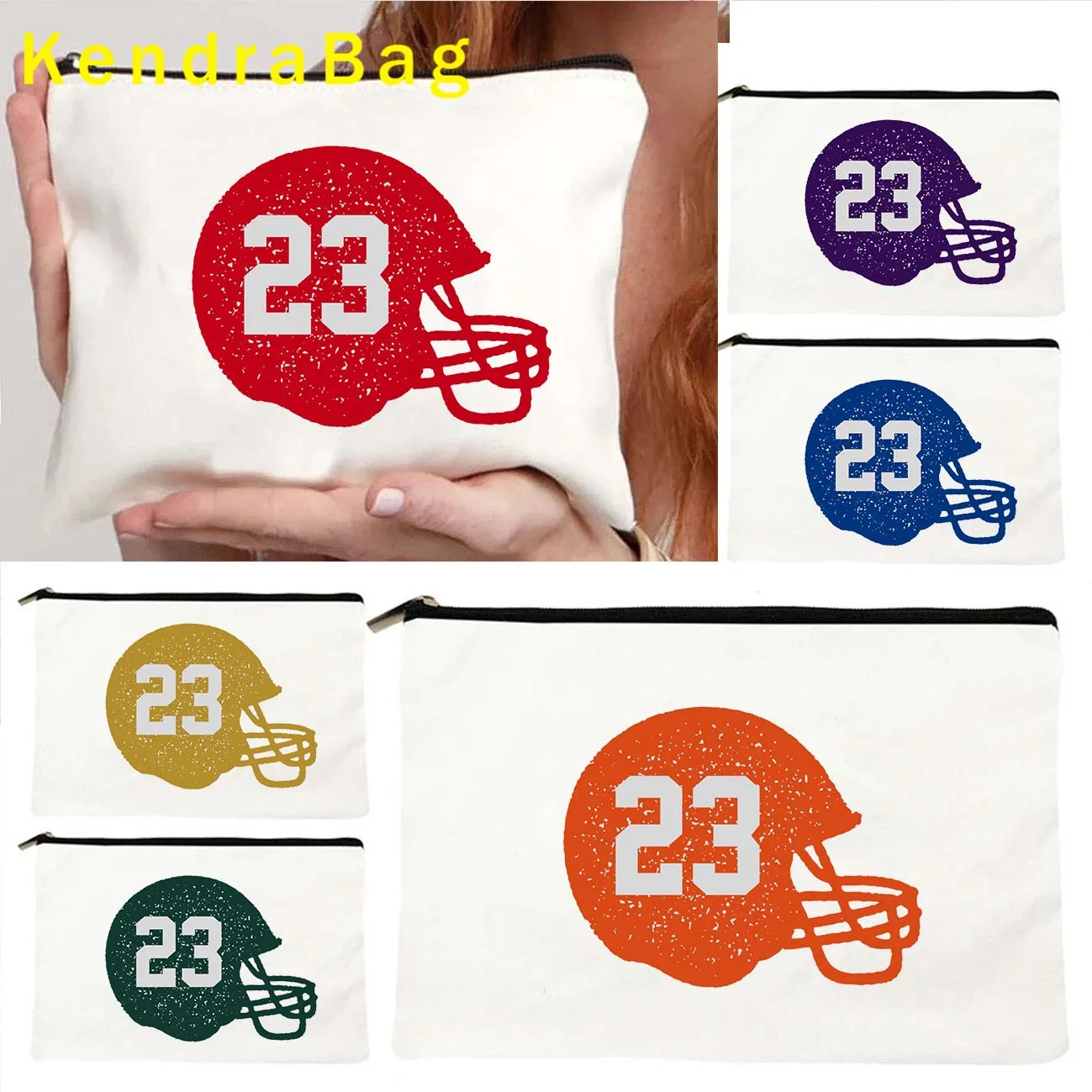 Football Team Helmet Personalized Number 23 Green Red Blue Lover Gift Canvas Cosmetic Makeup Toilet Bag Pencil Case Zipper Pouch