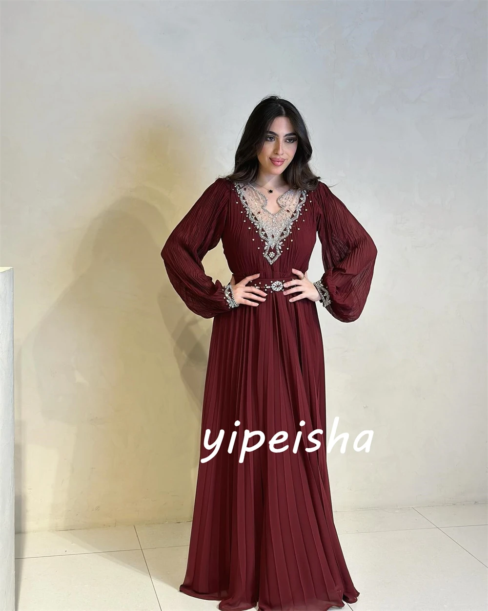   Evening Jersey Sequined Beading Ruched Party A-line V-neck Bespoke Occasion Gown Long Dresses