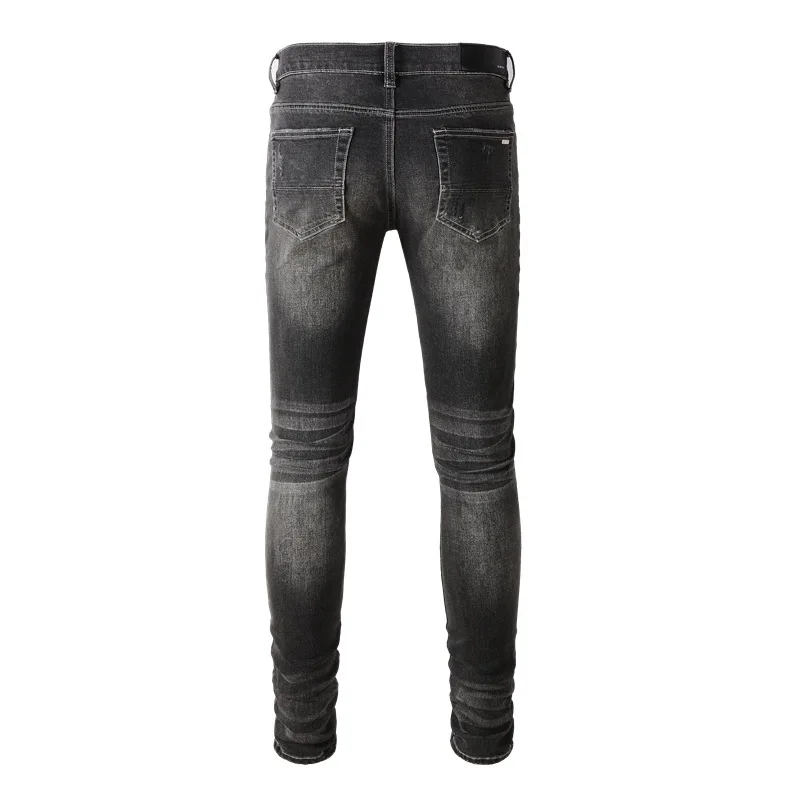 Top quality AMIR trendy American high street black distressed pants washed with water and ripped fashionable men's jeans