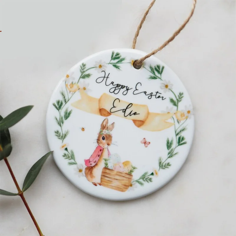 Personalised name Bunny rabbit happy Easter Ornament baby boy girl first 1st Easter Egg Hunt basket decoration sign gift bag tag