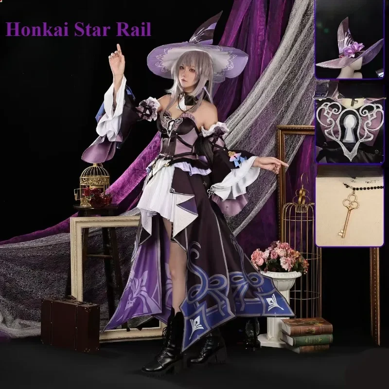 

Herta Cosplay Game Honkai Star Rail Purple Long Dress Patty Mattson Costume Hat Wig Women Cool Carnival Party New Year