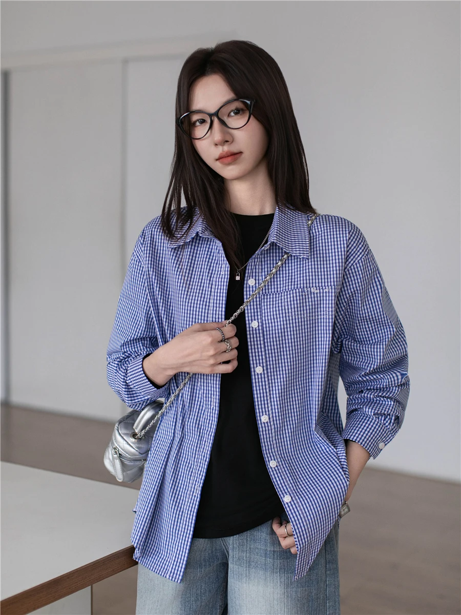 

Женский свободный крой в синюю клетку Long Sve irt, смесь хлопка и полиэстера против морщин, удобный дышащий воротник на пуговицах...